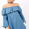 Clothing Rebellious Fashion | Denim Blue Frill Bardot Dress - Layna