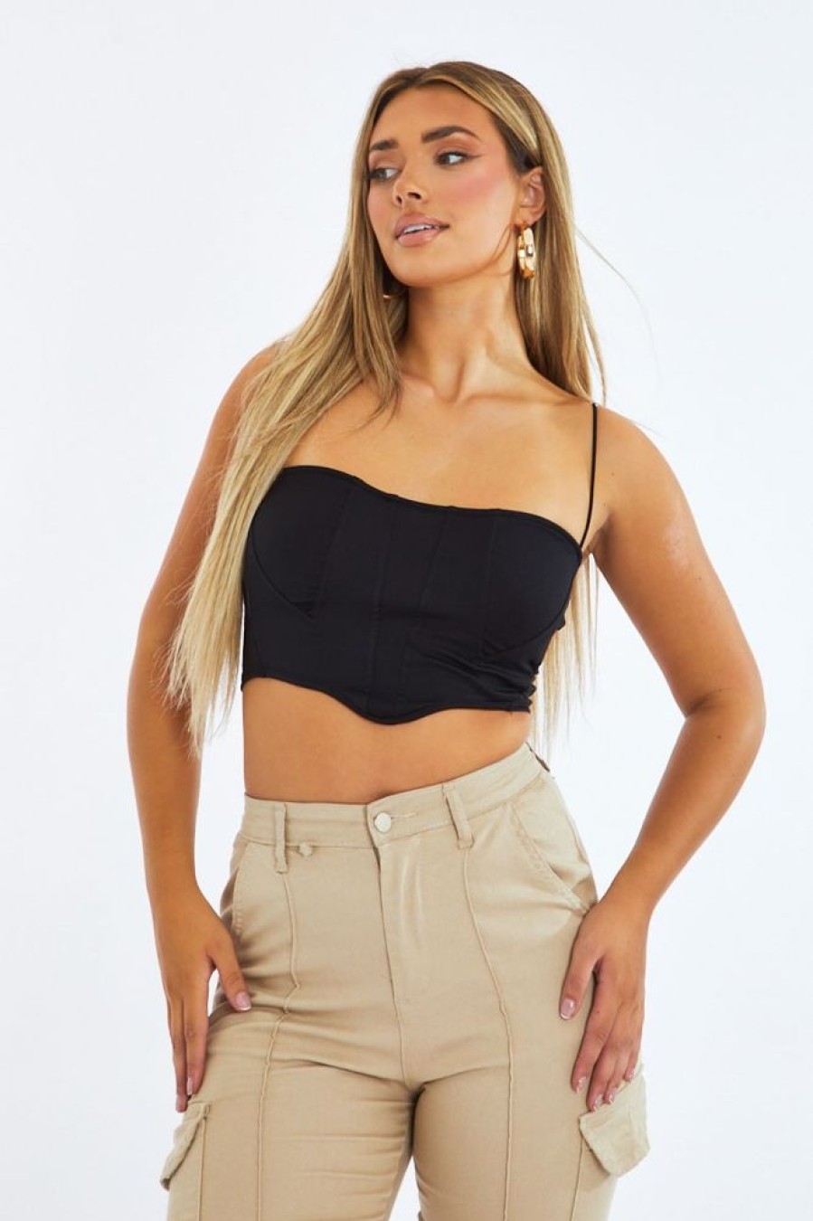 Clothing Rebellious Fashion | Black Corset Detail Cropped Top - Cosima