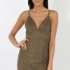 Clothing Rebellious Fashion | Khaki V Plunge Bodycon Mini Dress - Gwen