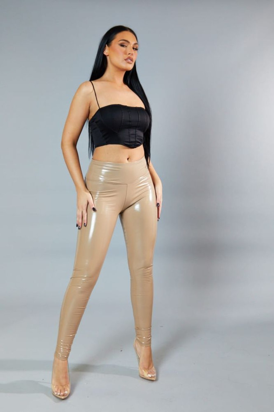 Clothing Rebellious Fashion | Beige Shiny Vinyl Pu Leggings - Kalai