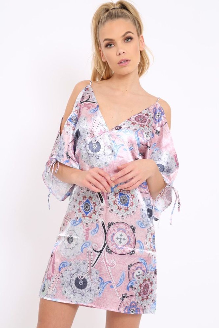 Clothing Rebellious Fashion | Pink Paisley Print Split Sleeve Dress - Giani