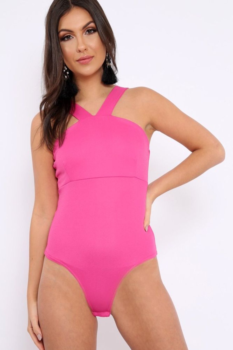 Clothing Rebellious Fashion | Fuchsia V Neck Strap Bandeau Bodysuit - Karlah