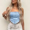 Clothing Rebellious Fashion | Light Blue Denim Bandeau Corset Detail Cropped Top - Sanvi