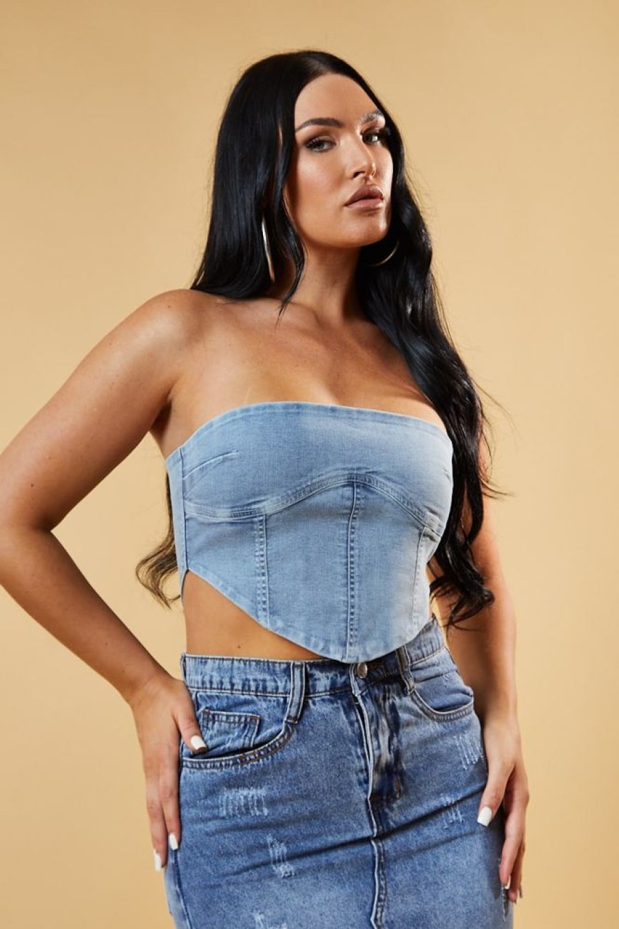 Clothing Rebellious Fashion | Light Blue Denim Bandeau Corset Detail Cropped Top - Sanvi