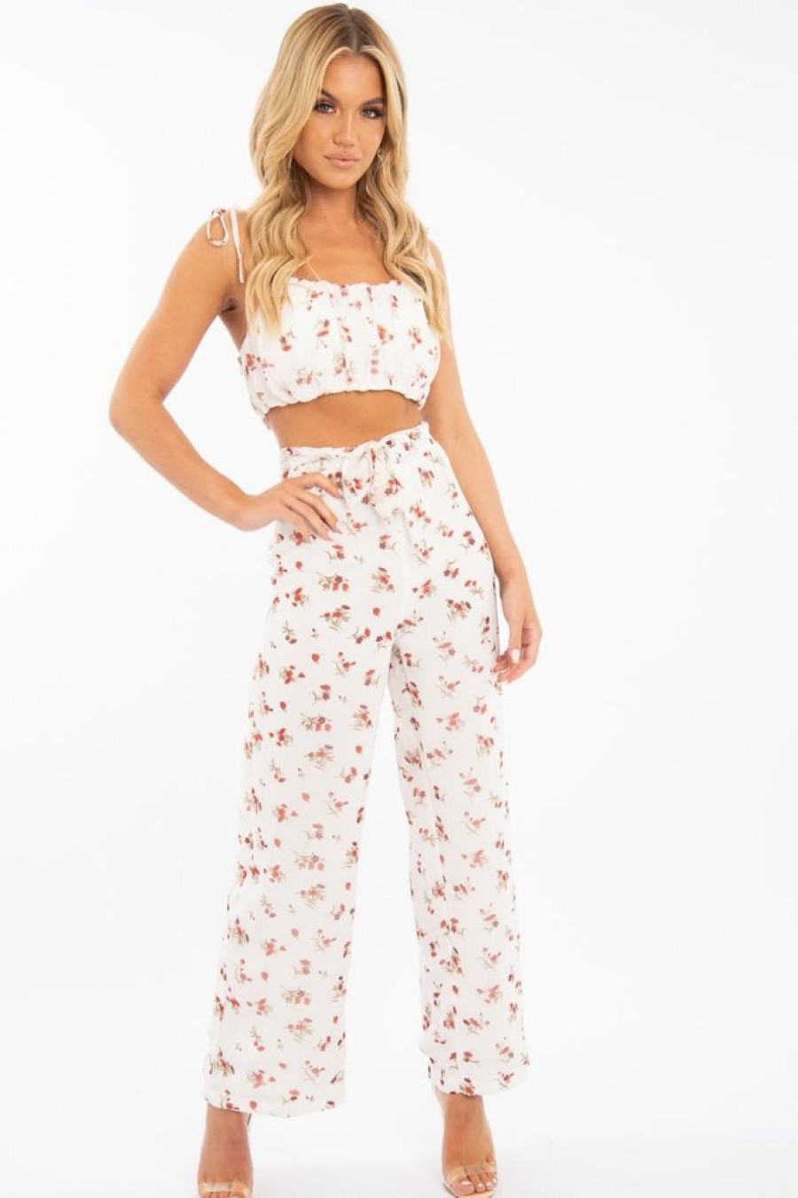 Clothing Rebellious Fashion | White Floral Crop Top Wide Trouser Co-Ord - Tully