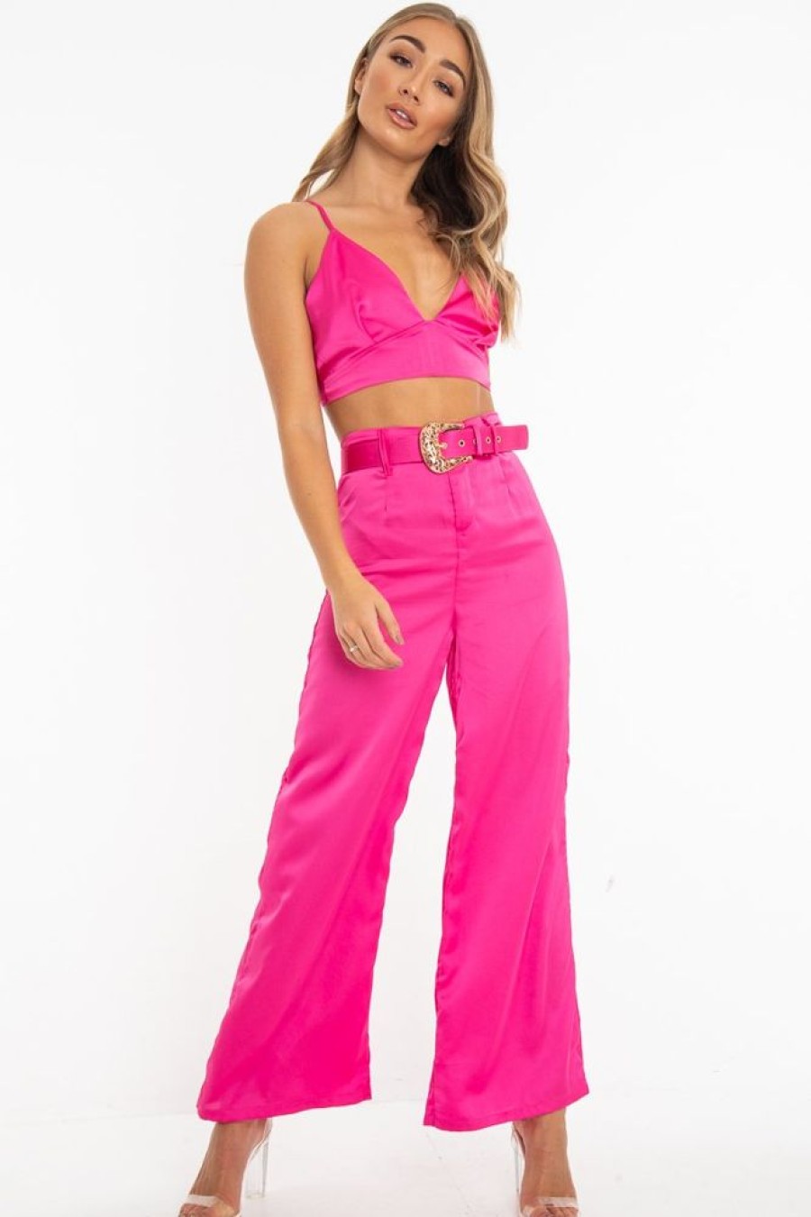 Clothing Rebellious Fashion | Fuchsia Satin Plunge Bralet Belted Trousers Co-Ord - Paola