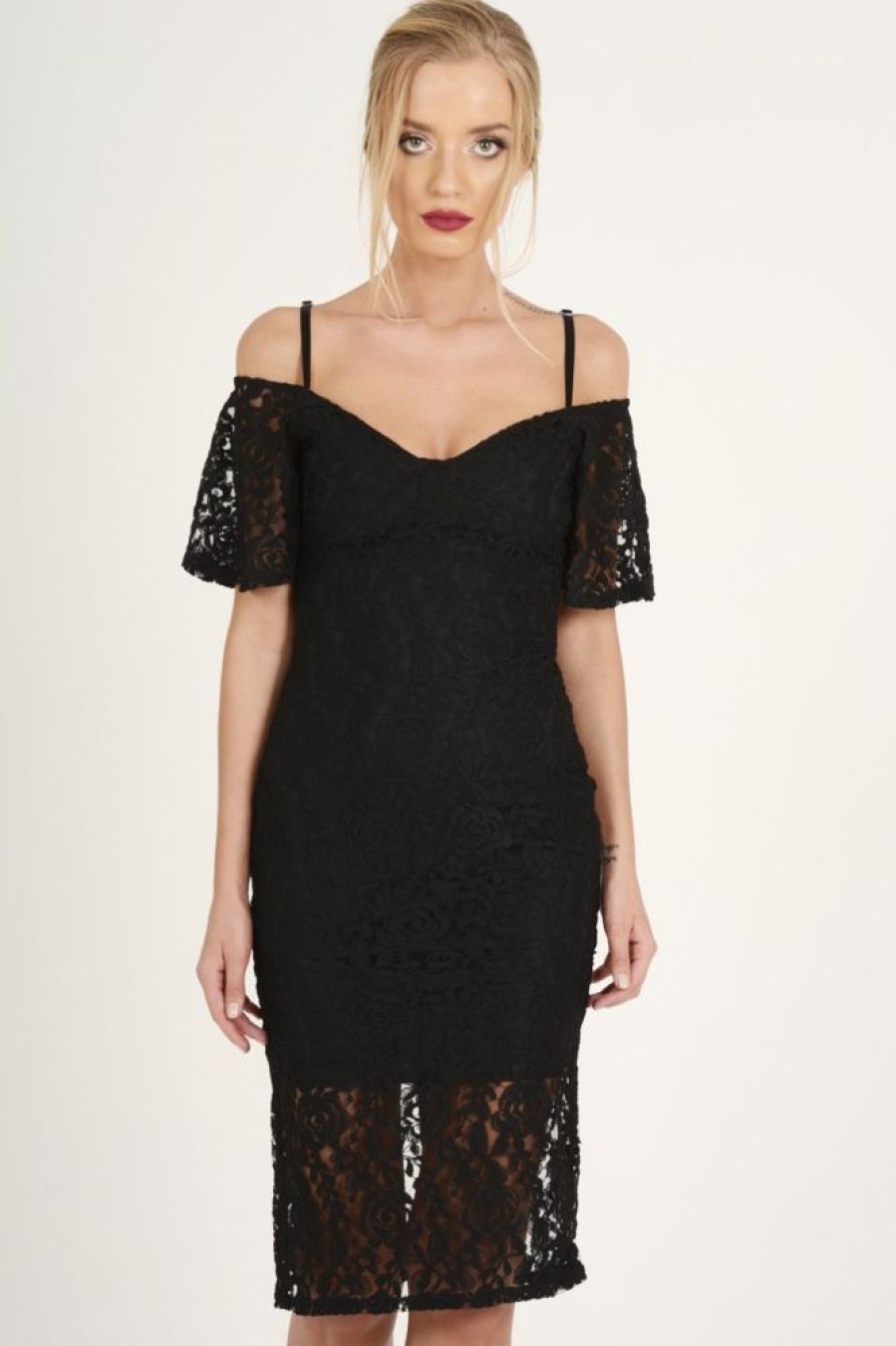 Clothing Rebellious Fashion | Black Lace Cut Shoulder Midi Dress - Brodi