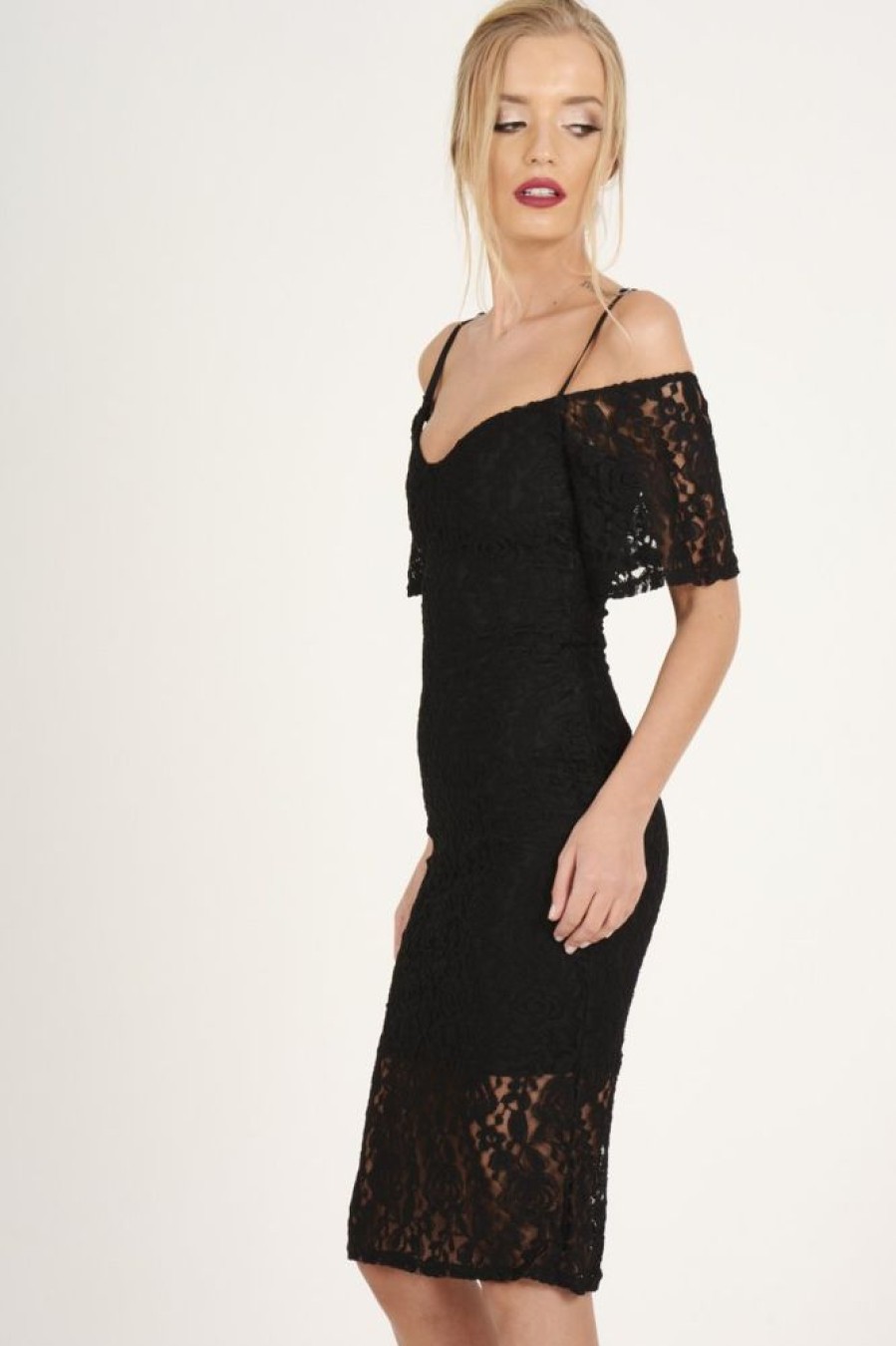 Clothing Rebellious Fashion | Black Lace Cut Shoulder Midi Dress - Brodi