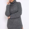 Clothing Rebellious Fashion | Grey Chunky Knit Roll Neck Cut Out Hem Jumper Dress - Catalina