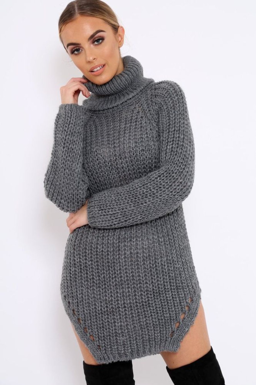 Clothing Rebellious Fashion | Grey Chunky Knit Roll Neck Cut Out Hem Jumper Dress - Catalina