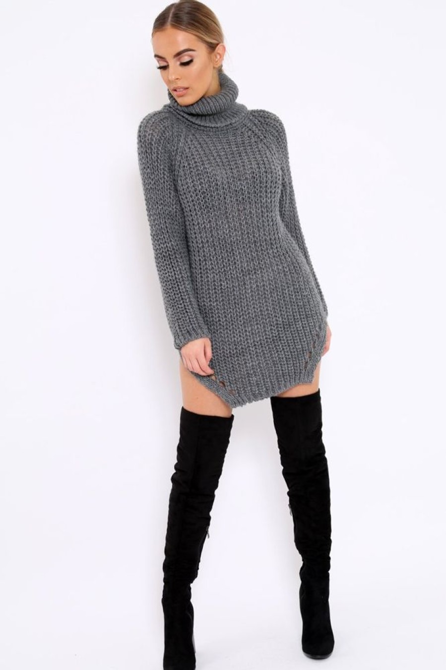 Clothing Rebellious Fashion | Grey Chunky Knit Roll Neck Cut Out Hem Jumper Dress - Catalina