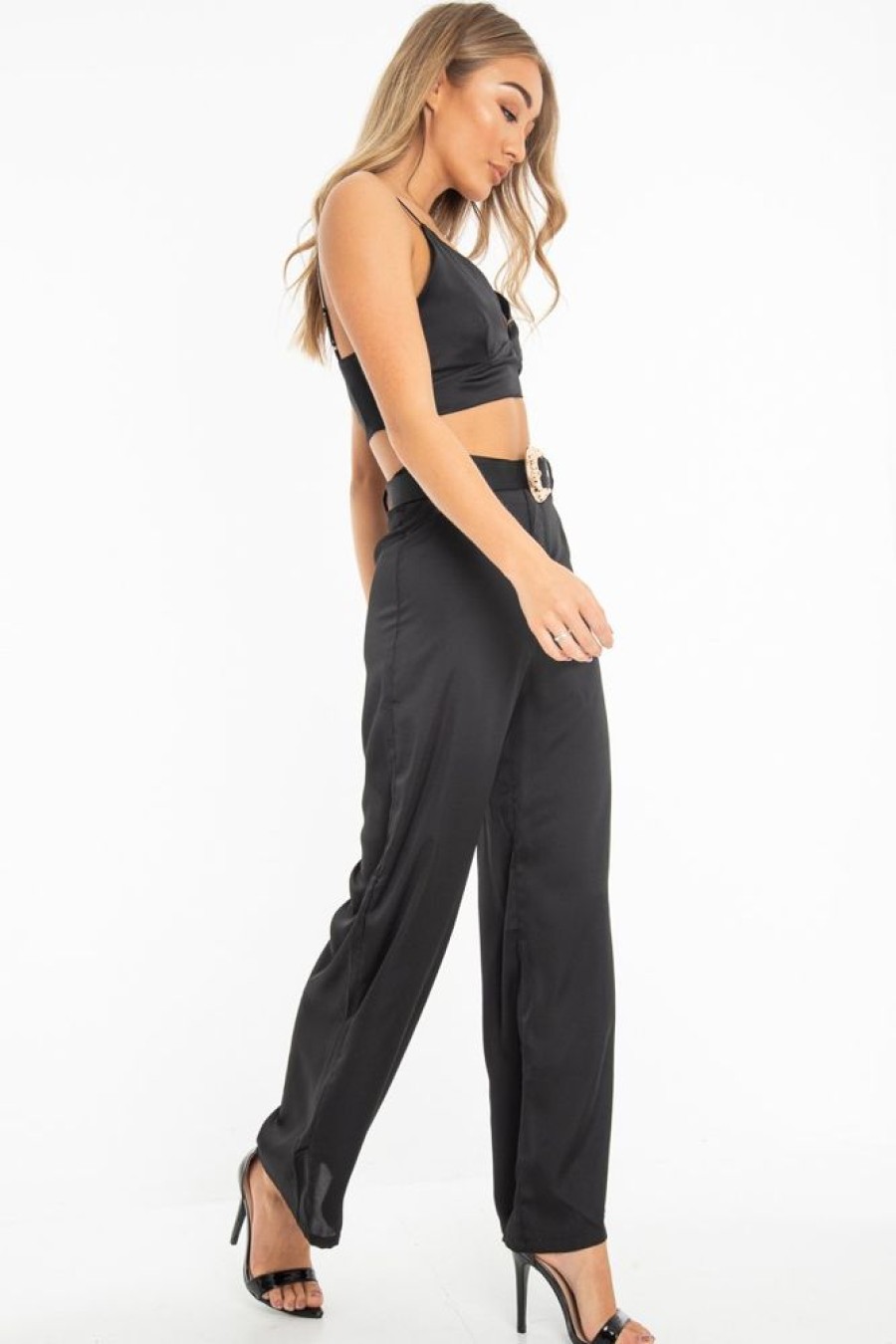 Clothing Rebellious Fashion | Black Satin Plunge Bralet Belted Trousers Co-Ord - Paola