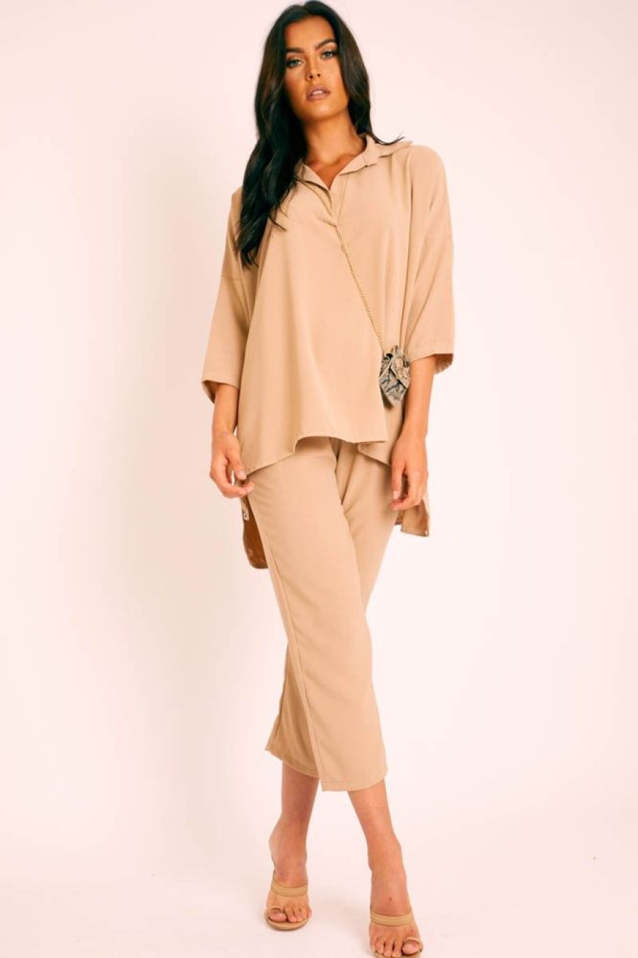 Clothing Rebellious Fashion | Beige Crepe Oversized Shirt And Cropped Trousers Co-Ord - Ellee