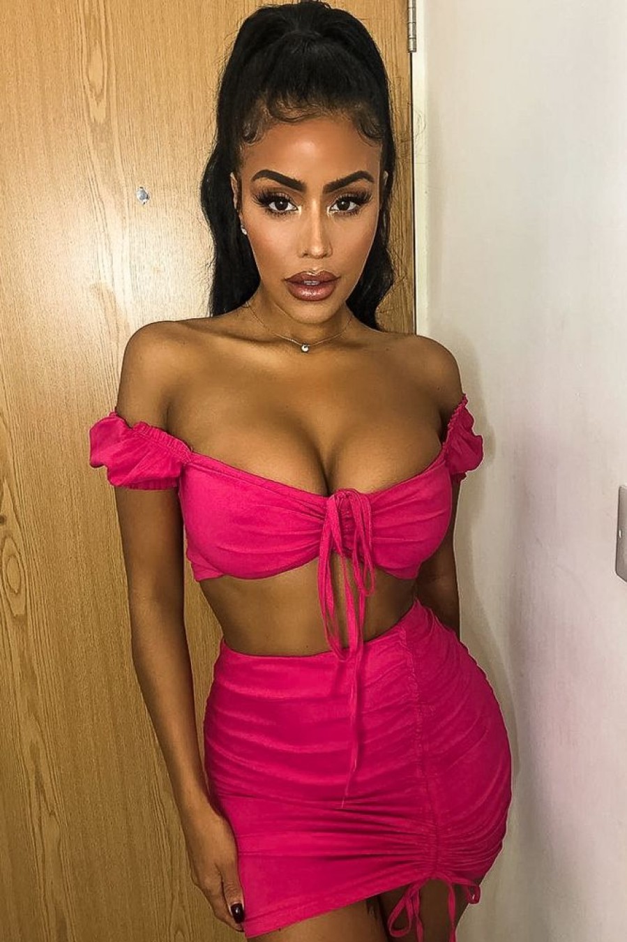 Clothing Rebellious Fashion | Fuchsia Ruched Bow Tie Crop Top Skirt Co-Ord - Chasity