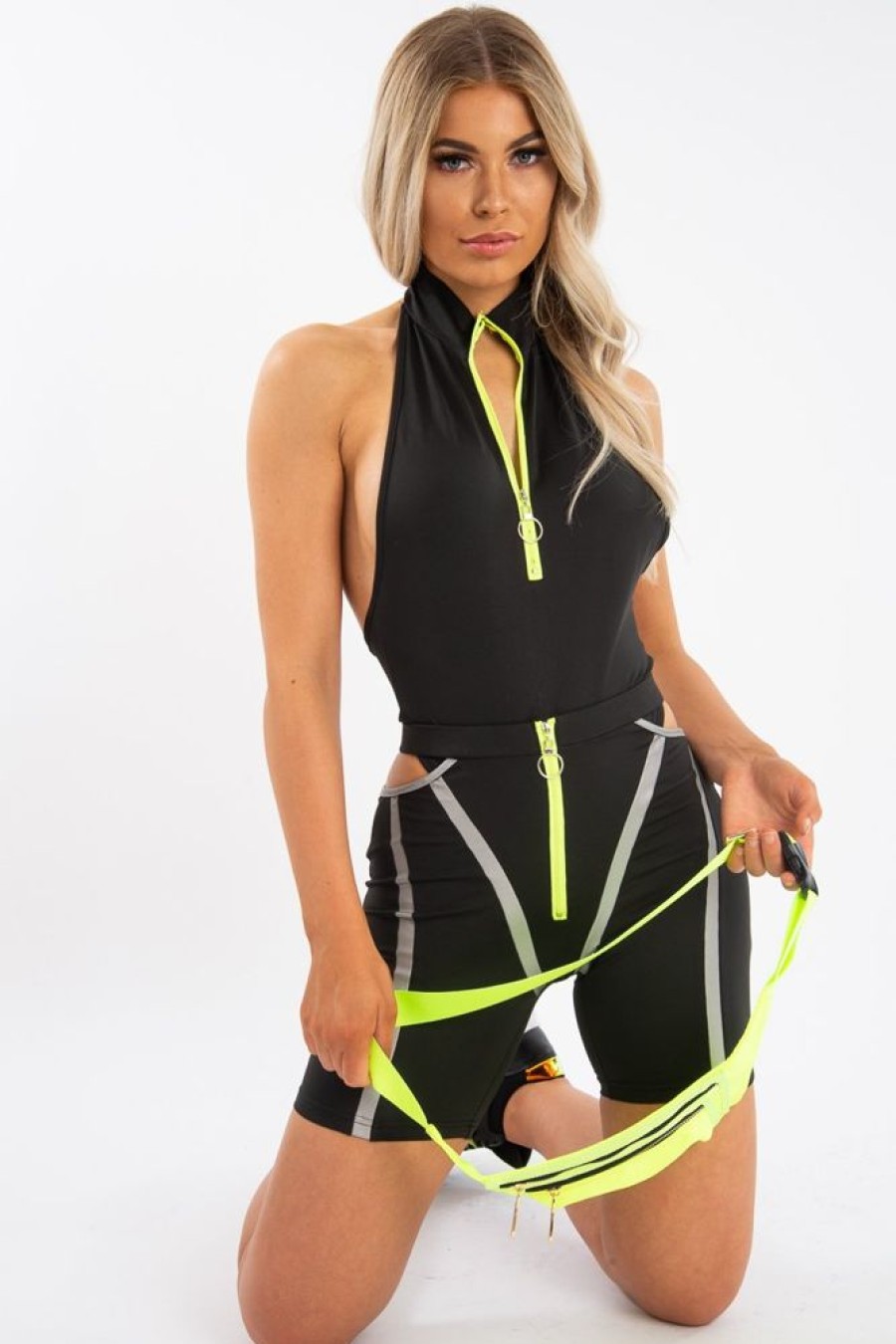 Clothing Rebellious Fashion | Black Lime Ring Zip Cycling Short Bodysuit Co-Ord - Issi