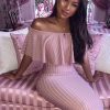 Clothing Rebellious Fashion | Mauve Pinstripe Frill Bardot Bodycon Midi Dress -Jovey