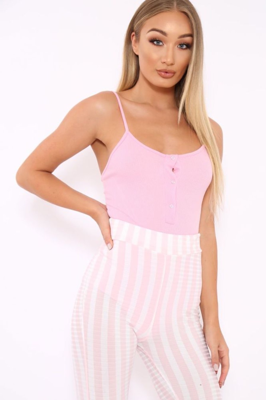 Clothing Rebellious Fashion | Pink Ribbed Popper Front Bodysuit - Baylee