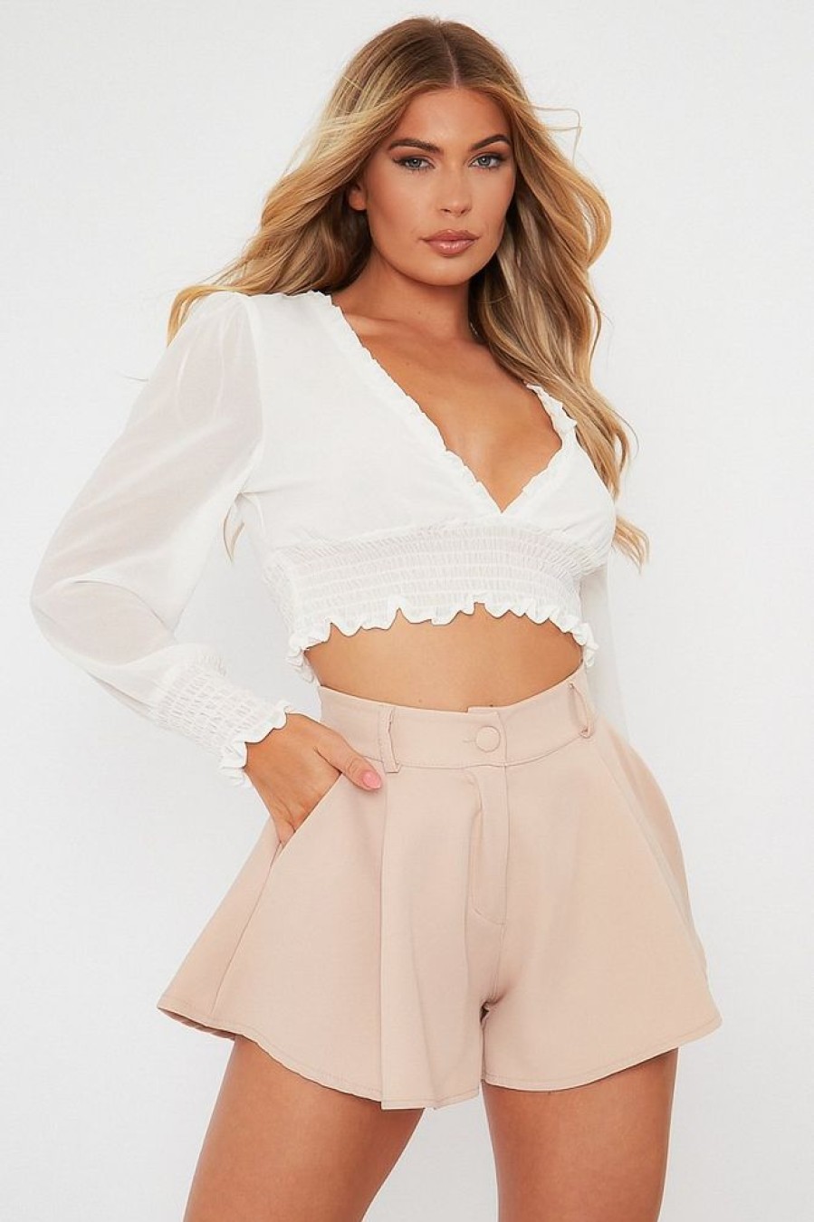 Clothing Rebellious Fashion | White Shirred Waist Long Sleeve Top - Ima