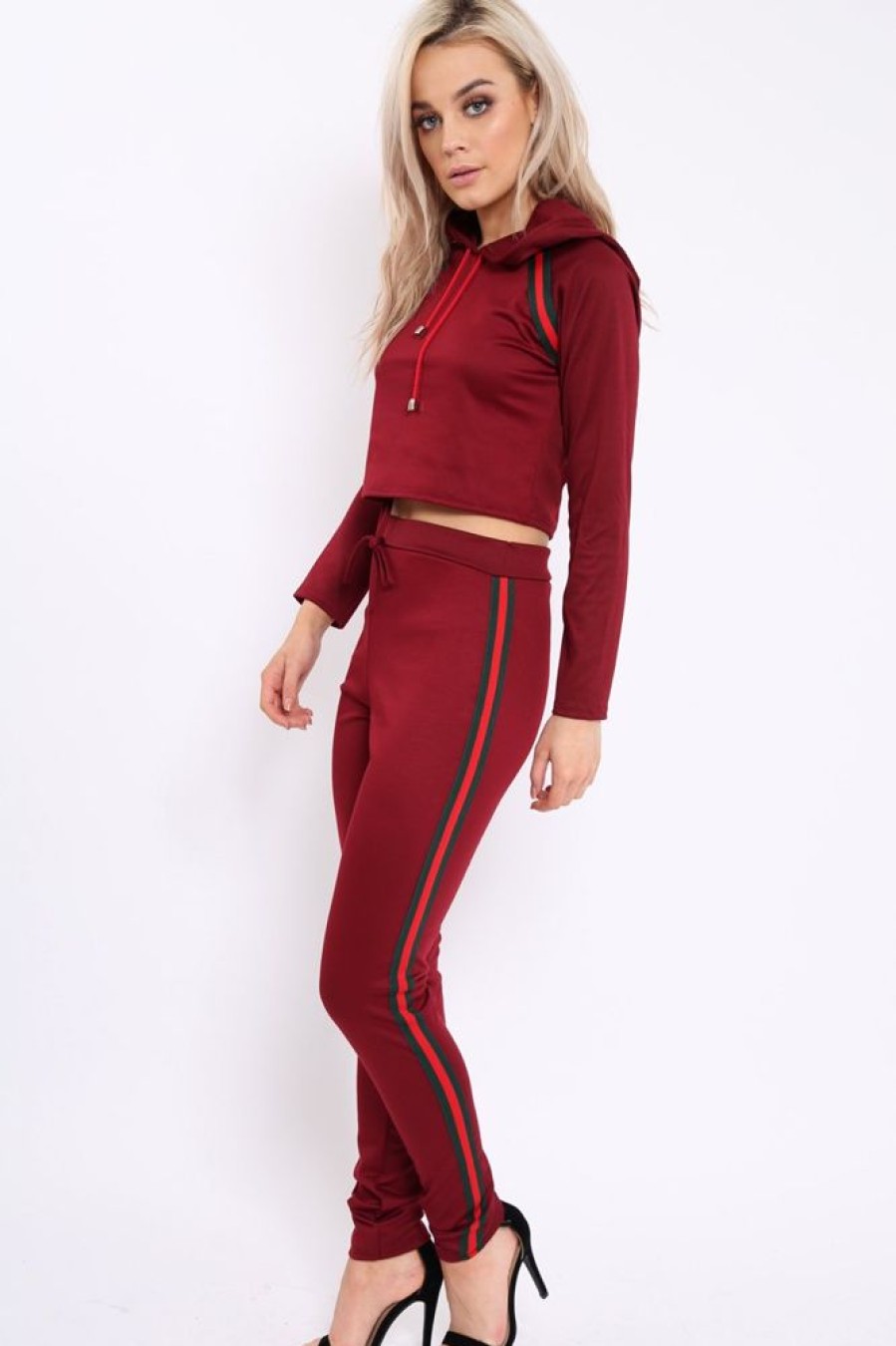 Clothing Rebellious Fashion | Wine Tracksuit With Khaki And Red Side Stripe - Beatrix