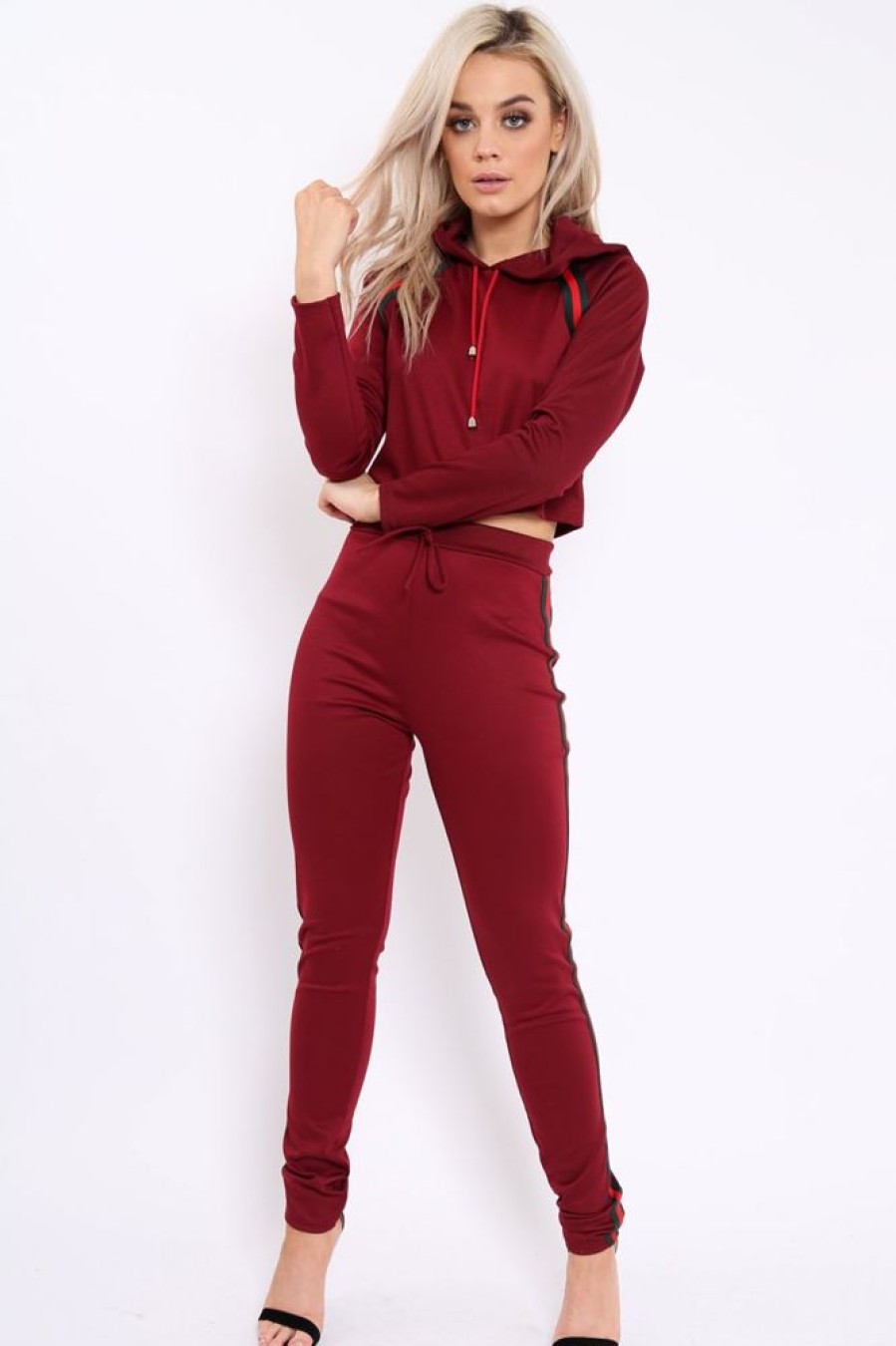 Clothing Rebellious Fashion | Wine Tracksuit With Khaki And Red Side Stripe - Beatrix