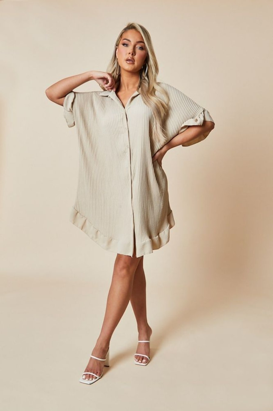 Clothing Rebellious Fashion | Beige Plisse Detail Frill Hem Oversized Dress - Sakura