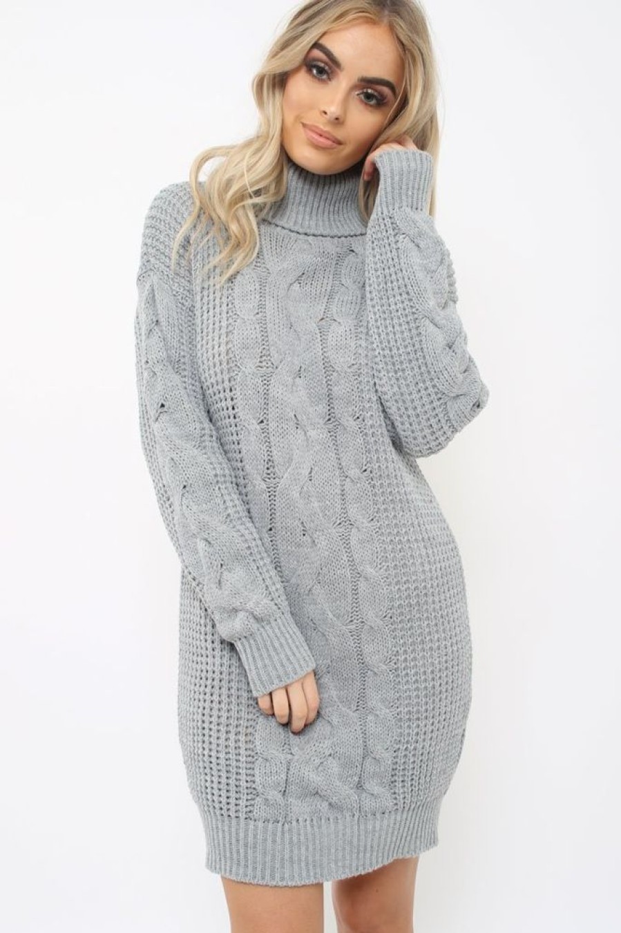 Clothing Rebellious Fashion | Grey Roll Neck Cable Knit Jumper Dress - Dawn