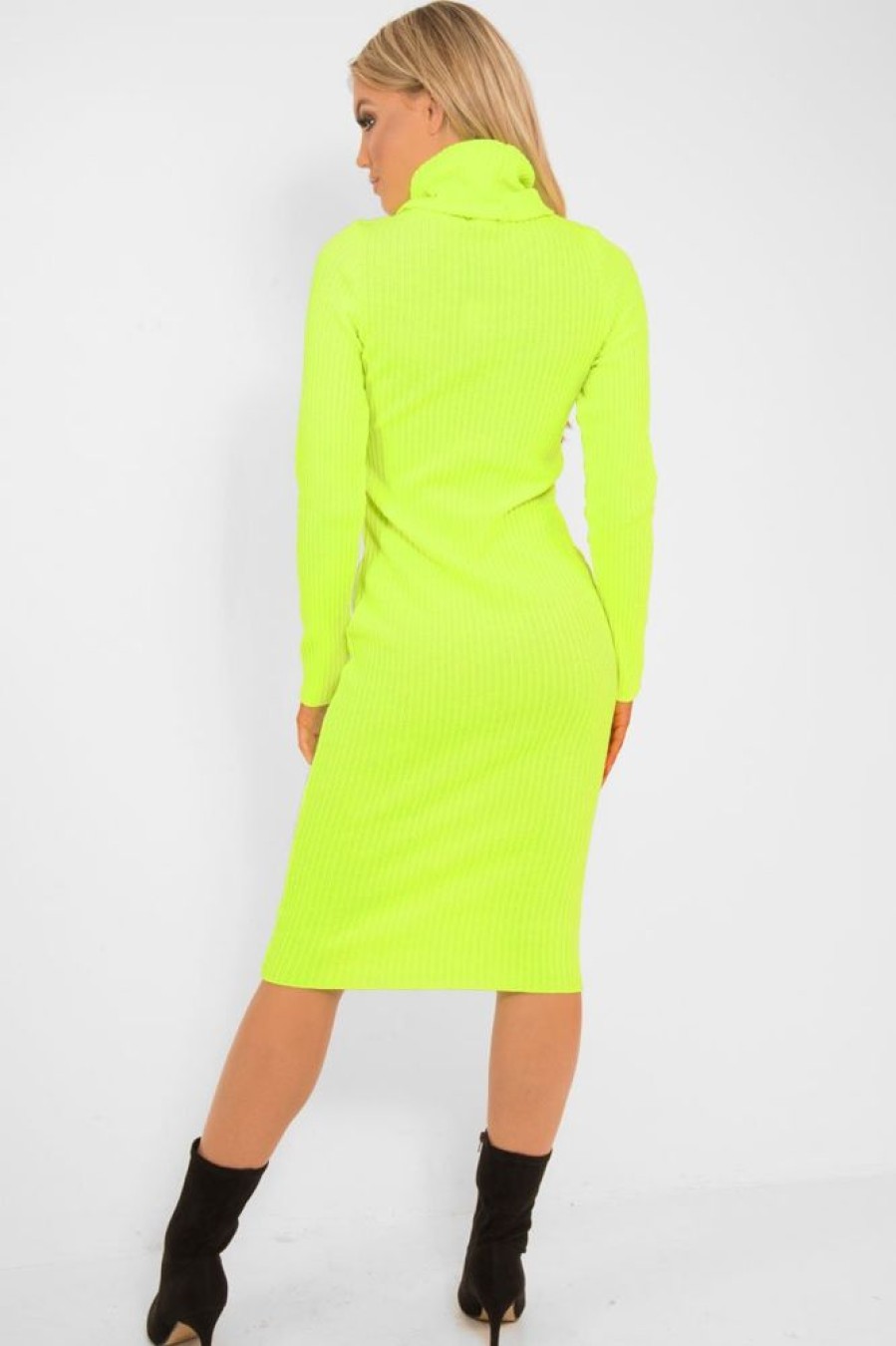 Clothing Rebellious Fashion | Neon Yellow Roll Neck Rib Midi Jumper Dress - Giana