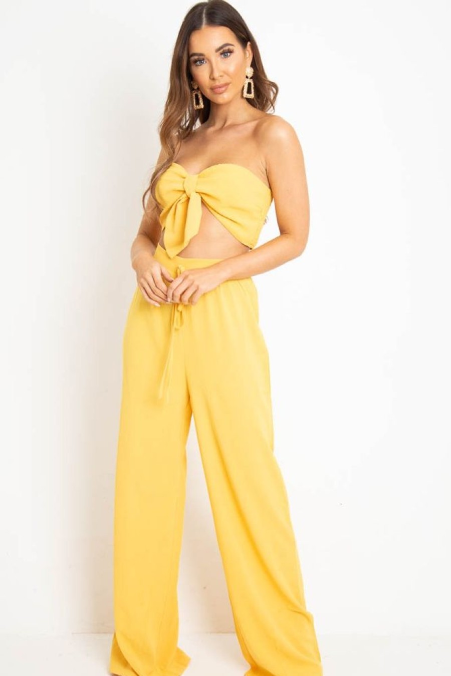 Clothing Rebellious Fashion | Yellow Tie Front Bandeau Wide Leg Trouser Co-Ord - Roselia