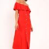 Clothing Rebellious Fashion | Red Bardot Frill Button Front Midi Dress - Clancy