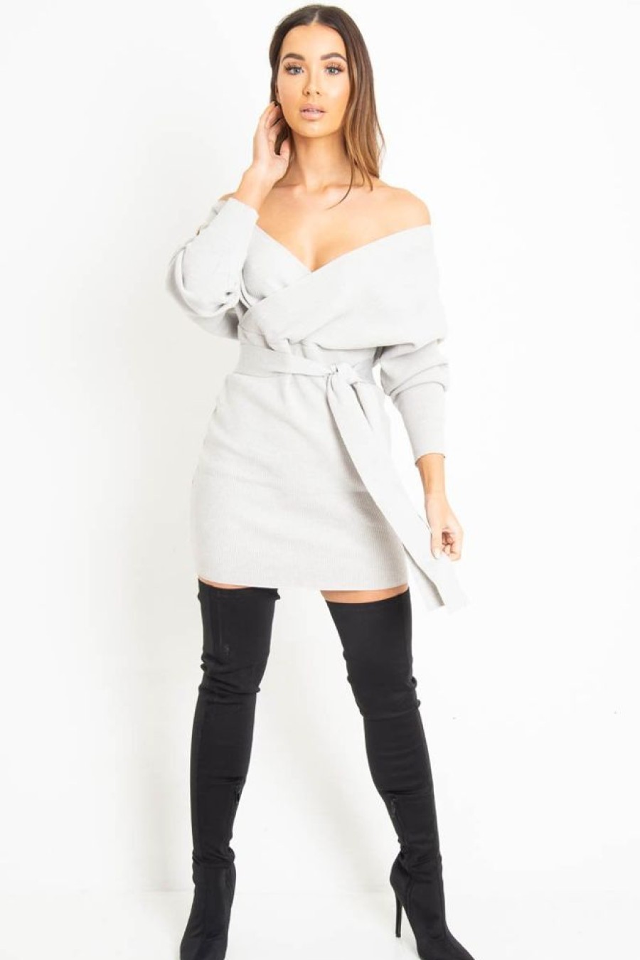 Clothing Rebellious Fashion | Grey Rib Belted Plunge Jumper Dress - Ember