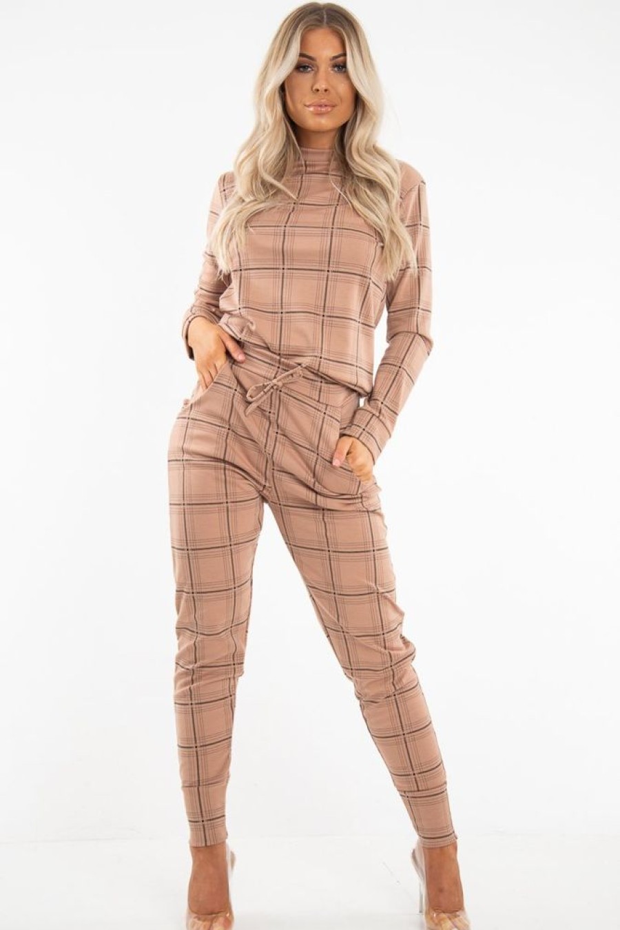 Clothing Rebellious Fashion | Beige Check Sweatshirt Joggers Loungewear Set - Mica