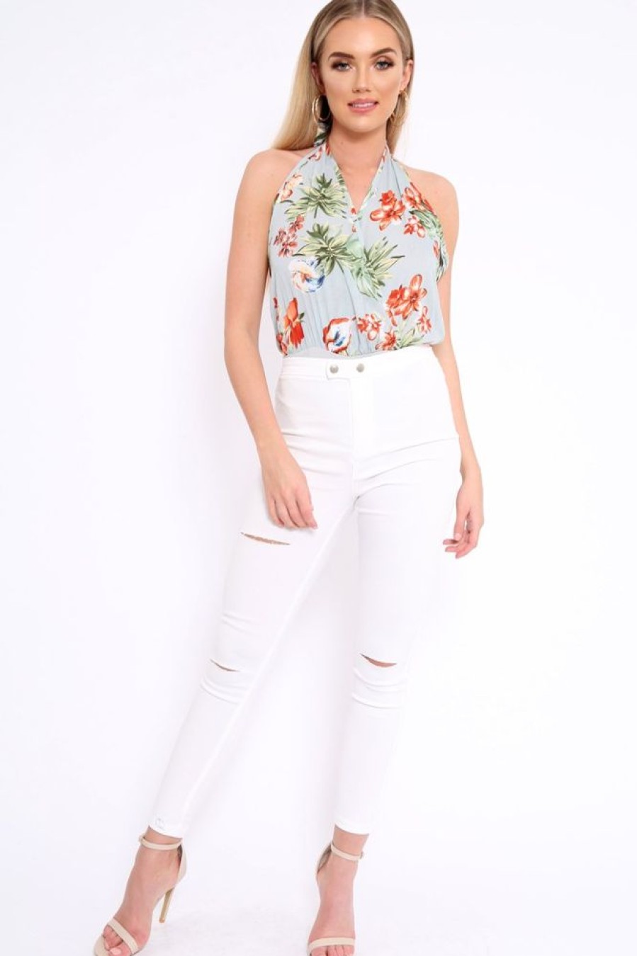 Clothing Rebellious Fashion | Powder Blue Floral Halterneck Bodysuit - Clary