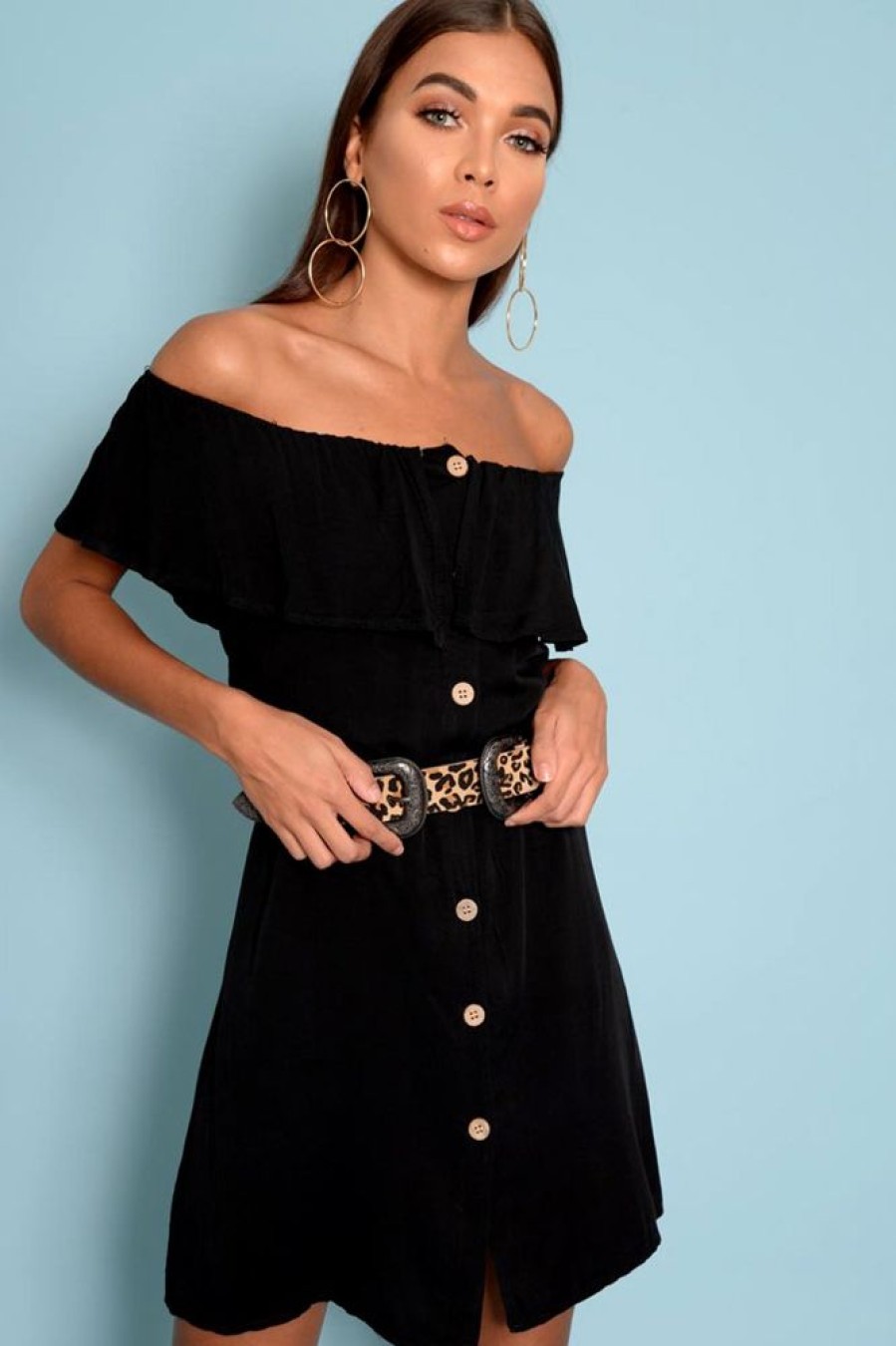 Clothing Rebellious Fashion | Black Bardot Frill Button Front Dress - Julissa