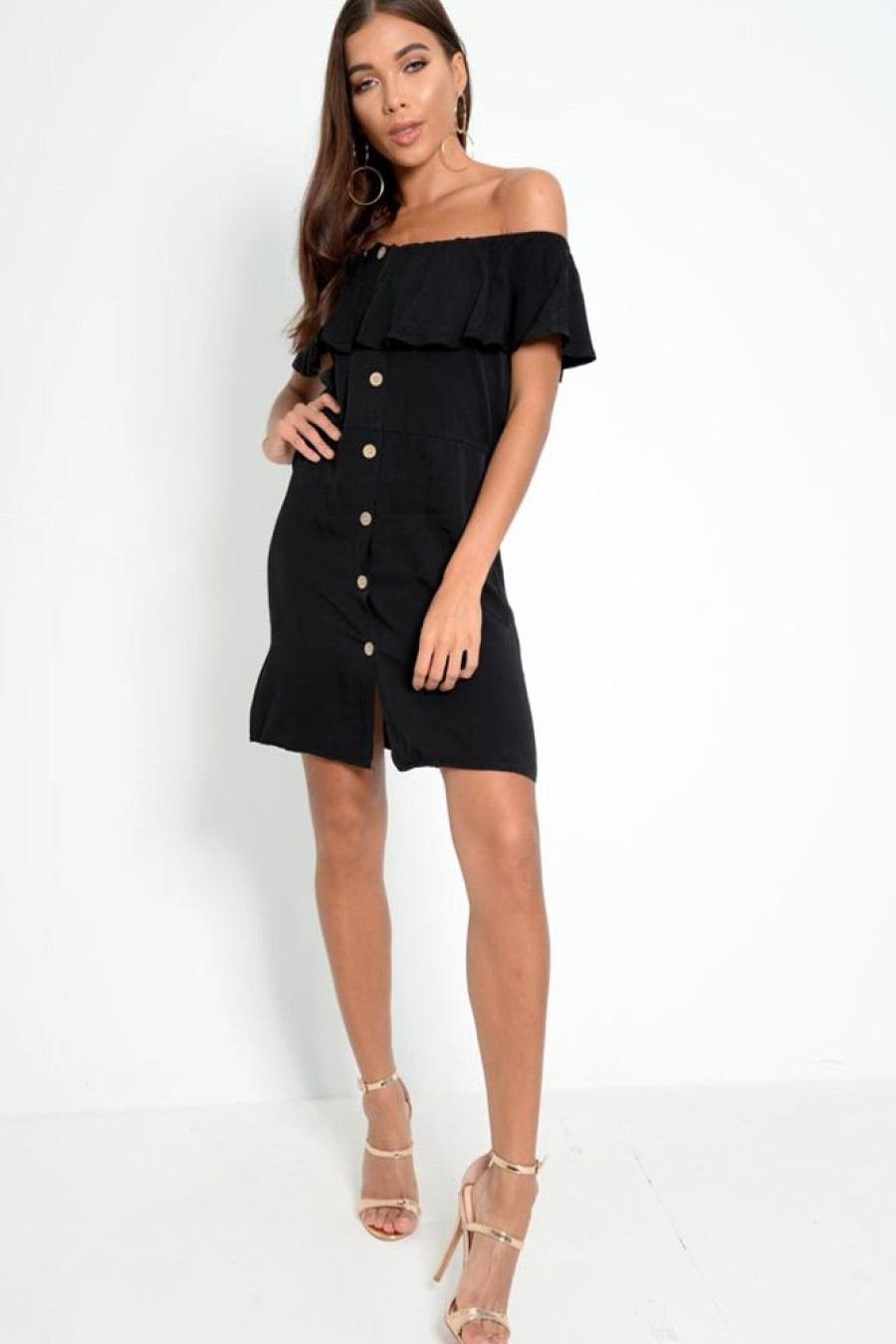 Clothing Rebellious Fashion | Black Bardot Frill Button Front Dress - Julissa