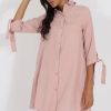 Clothing Rebellious Fashion | Dusky Pink Suede Tie Cuff Oversized Shirt Dress - Deborah