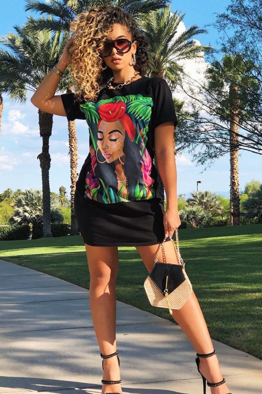 Clothing Rebellious Fashion | Black Graphic Printed T-Shirt Dress - Meeka