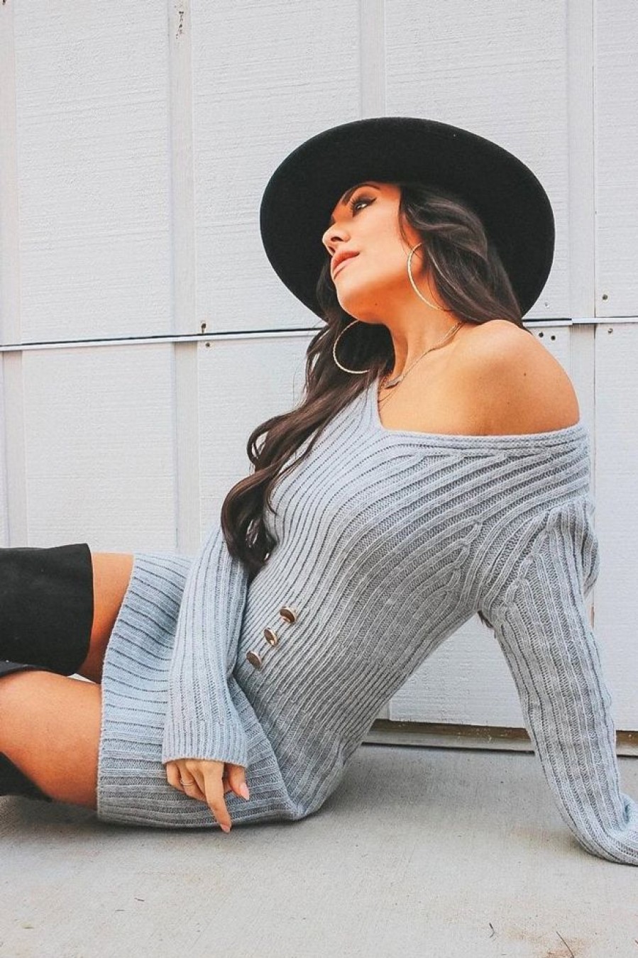 Clothing Rebellious Fashion | Grey Knit Plunge Button Front Jumper Dress - Cariah