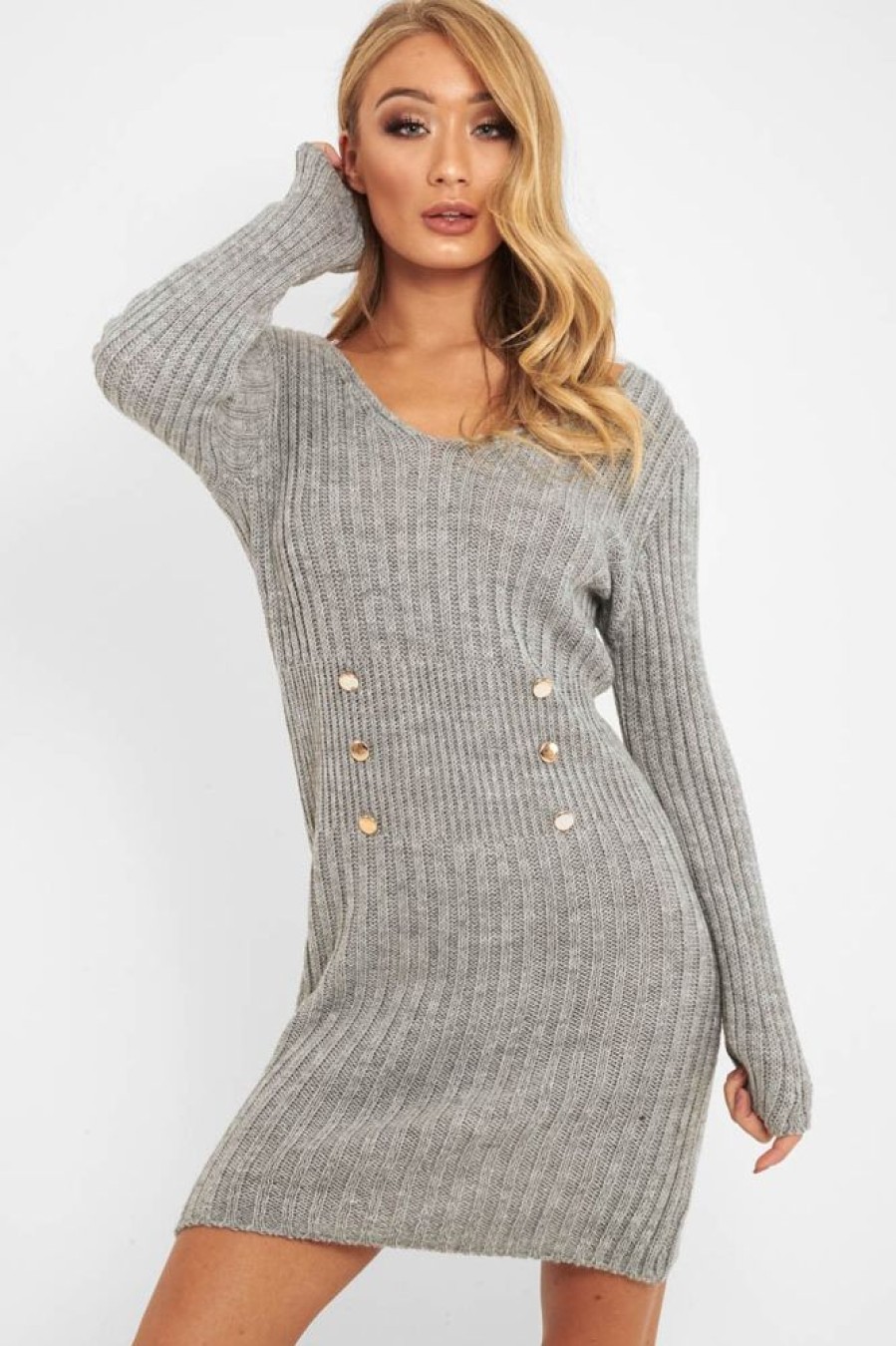 Clothing Rebellious Fashion | Grey Knit Plunge Button Front Jumper Dress - Cariah