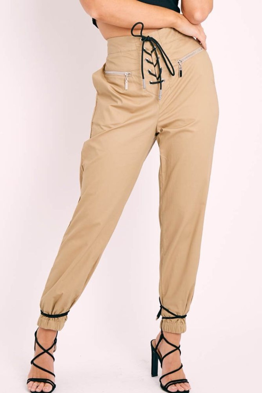 Clothing Rebellious Fashion | Beige Corset Detail Cuffed Trousers - Hayleigh