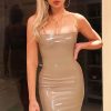 Clothing Rebellious Fashion | Nude Straight Neck Vinyl Bodycon Dress - Keydi