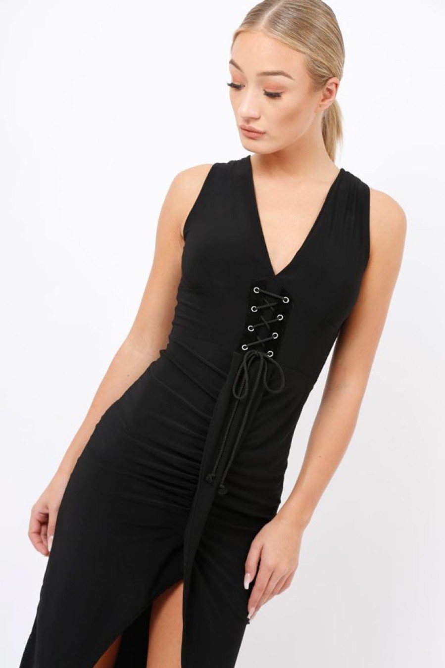 Clothing Rebellious Fashion | Black Corset Slit Maxi Dress - Alexus