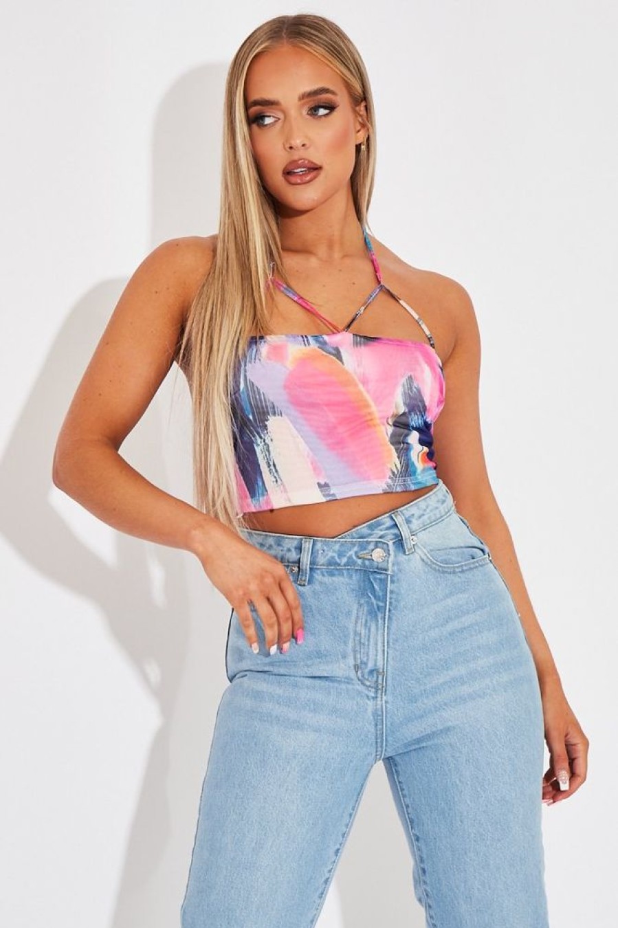 Clothing Rebellious Fashion | Multi Abstract Print Mesh Halterneck Crop Top - Aggie