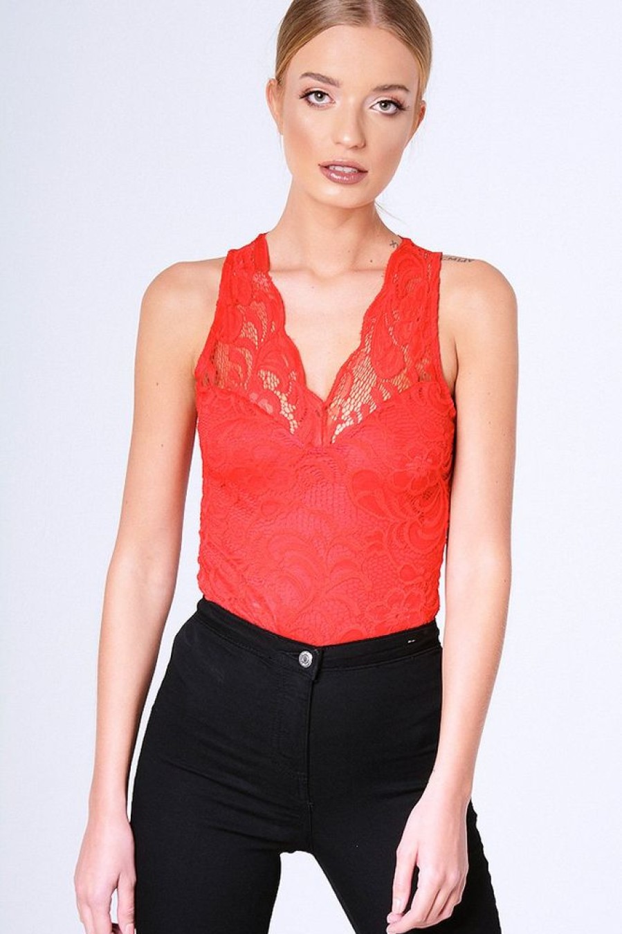 Clothing Rebellious Fashion | Red Lace Bodysuit - Aubrey