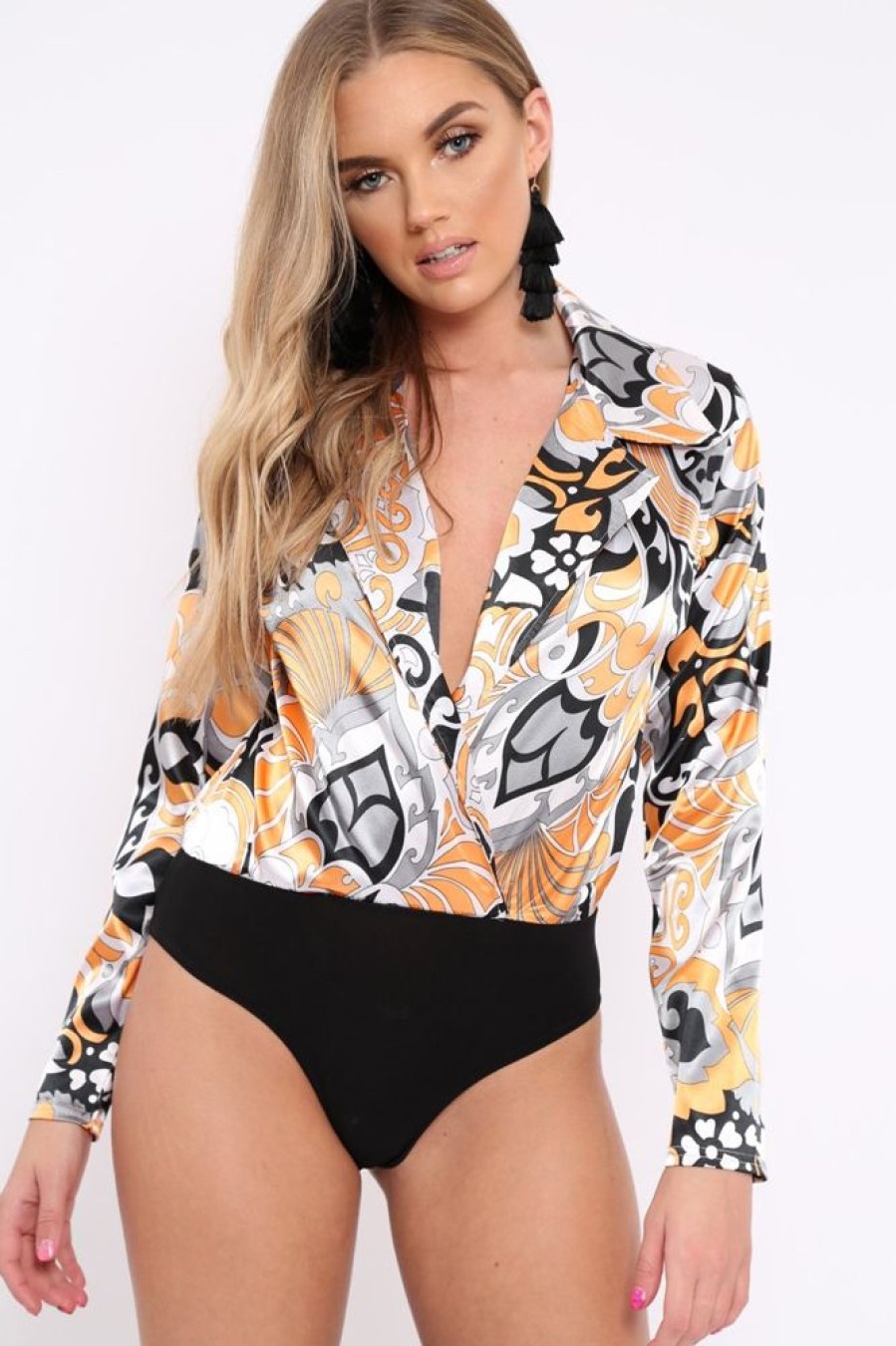 Clothing Rebellious Fashion | Orange Floral Print Plunge Satin Bodysuit - Hetty