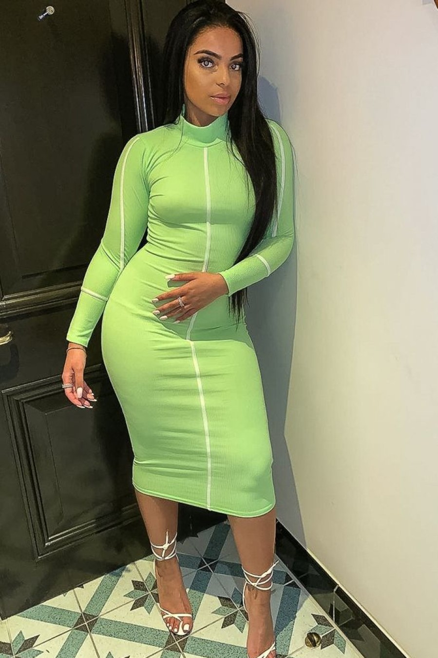 Clothing Rebellious Fashion | Lime Green Contrast Stripe Detail High Neck Midi Dress - Niana