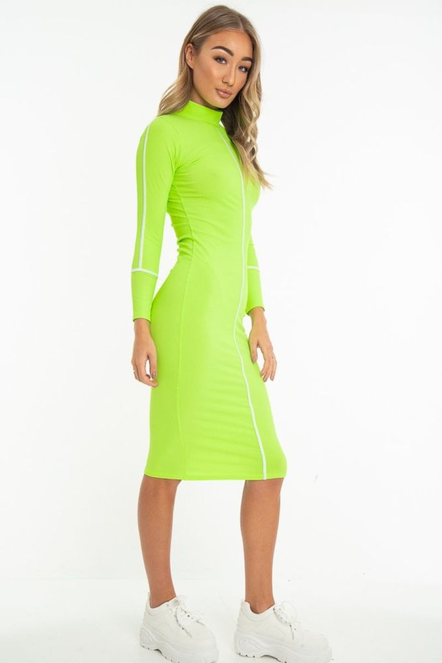 Clothing Rebellious Fashion | Lime Green Contrast Stripe Detail High Neck Midi Dress - Niana