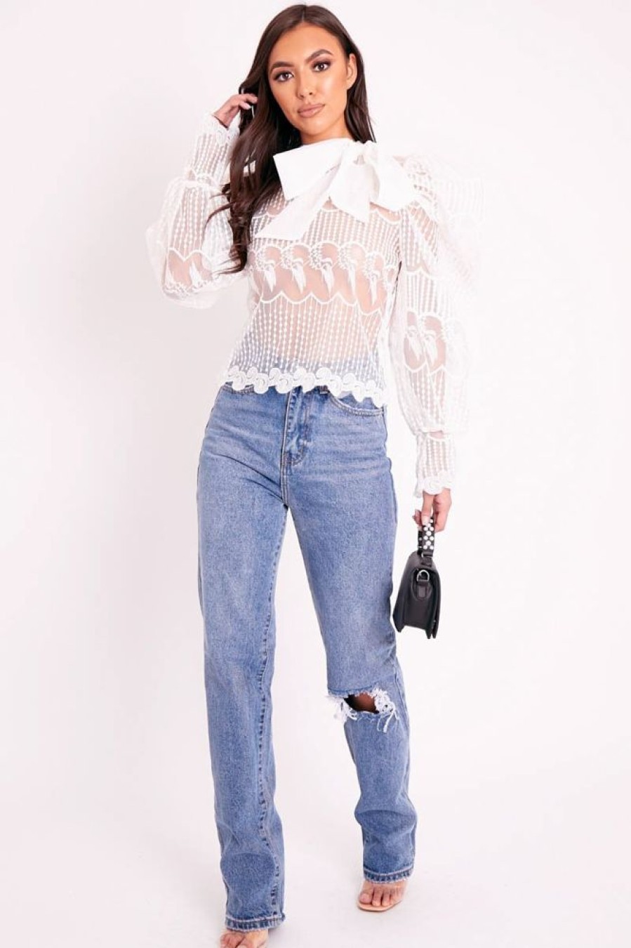 Clothing Rebellious Fashion | White Mesh Embroidery Design Bow Neck Blouse - Jackson