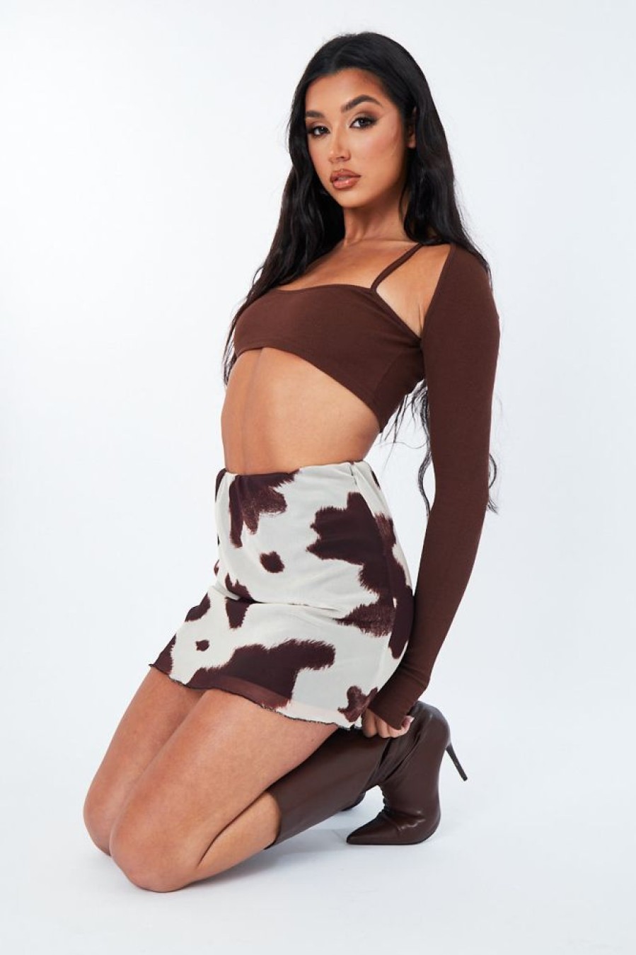 Clothing Rebellious Fashion | Brown Cow Print Mesh Mini Skirt - Cianna