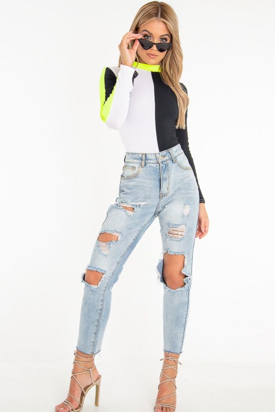 Clothing Rebellious Fashion | White Black And Neon Yellow Contrast Long Sleeved Bodysuit - Lareen