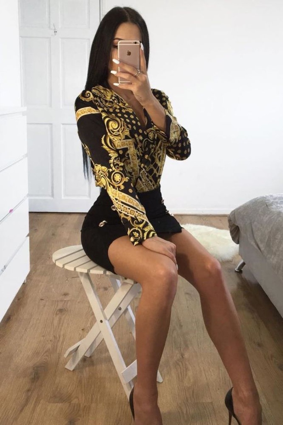 Clothing Rebellious Fashion | Black And Gold Scarf Print Satin Plunge Bodysuit - Moniqua